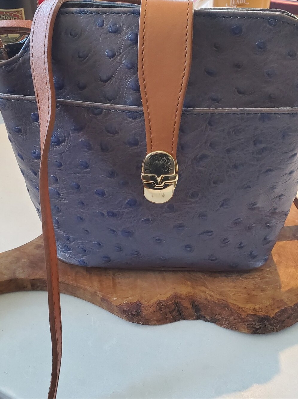 Valentina Purse Leather purple ostrich embossed.